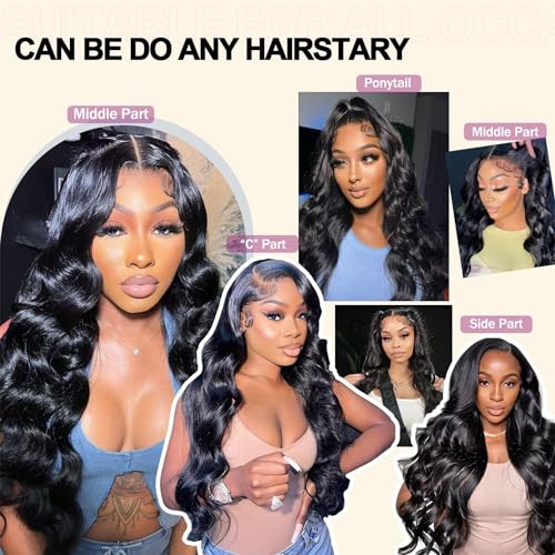 SOKU 13x6 Lace Front Wigs Synthetic 28 Inch Body Wave Wigs with Baby Hair Free Part Lace Frontal Wigs Pre Plucked Natural Black Wave Lace Front Wigs for Women Girls High Temperature Fiber