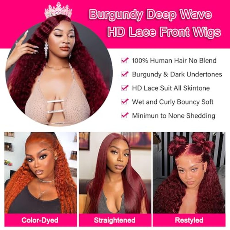 Deep Wave Lace Front Wigs 99j Burgundy 13x4 Deep Curly HD Transparent Lace Frontal Wig for Women 180% Density Glueless Wine Red Colored Human Hair Wig Pre Plucked Super Soft 18inch