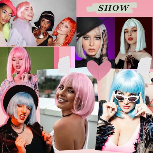 SUKRI Pink Bob Wig With Bangs - Short Straight Bob Bangs Wig, 12Inch Heat Resistant Synthetic Hair, Natural Looking For Daily Party Use
