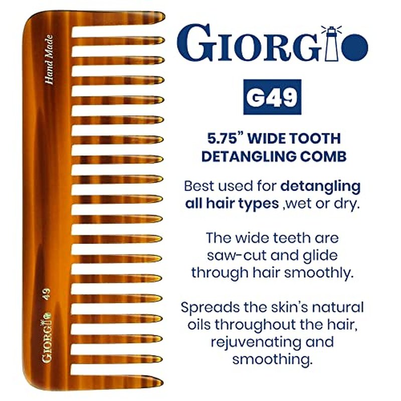 Giorgio G49 Large 5.75 Inch Detangling Comb, Wide Teeth for Thick Curly Wavy Hair. Long Hair Detangler Comb For Wet and Dry. Handmade of Quality Cellulose, Saw-Cut, Hand Polished, Tortoise Shell