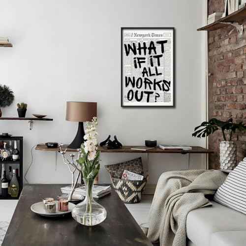 Trendy Luxury Black and White Framed Wall Art-What If It All Works Out Poster For Preppy Girly Dorm Decor-Funky Fashion Newspaper Pictures Canvas Prints Ready to Hang Room