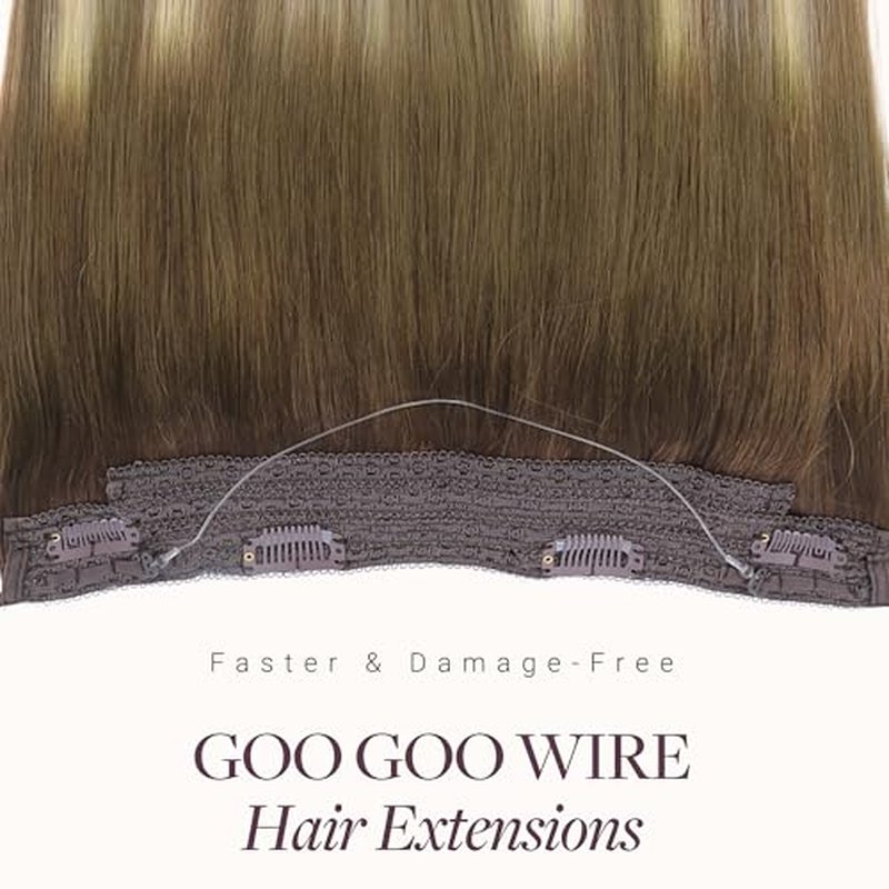 GOO GOO Wire Hair Extensions Human Hair, 3/8/613 Walnut Brown with Ash Brown and Bleach Blonde Balayage 16inch 95g, Invisible Wire Hair Extensions with Transparent, Seamless Fish Line Hairpiece