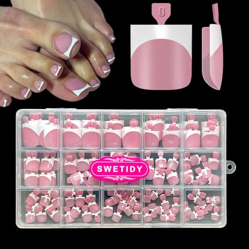 Toe Nail Press Ons, French Tips Toe Press On Nails, 150pcs Square Pre-Designed Soft Gel Thick False Toenail Extension, Berry Pink Full Cover Acrylic for DIY 15 Sizes