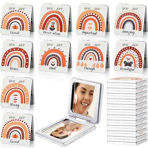 Suzile 18 Pcs Boho Rainbow Pocket Mirror Inspirational Compact Mirror Bulk Small Mirror for Purse Thank You Gifts for Women Employee Coworker Teacher Magnifying 1x/ 2x