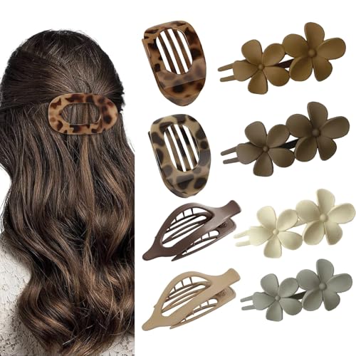 Xmasir 8 Pcs Flat Hair Clips for Women, 3 Styles French Flat Hair Claws Flower Clips Large Strong Hold No Slip Grip for Women Girls Thin Thick Hair (Multicolor)