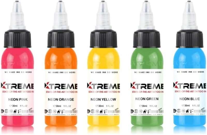 Xtreme Ink Neon Tattoo Ink Set - Vibrant UV-Free Water-Based Colors | Pink, Orange, Yellow, Green, Blue (5 x 1/2 oz)