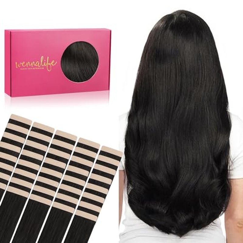 WENNALIFE Tape in Hair Extensions Human Hair, 40pcs 100g 20 inch Natural Black Hair Extensions Real Human Hair Straight Tape in Extensions Invisible Human Hair Extensions Reusable Real Hair Extensions