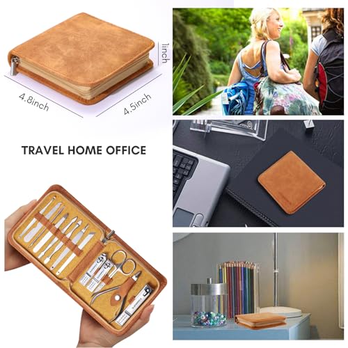 FAMILIFE Manicure Set, Nail Professional Kit Manicure Kits Nail Clipper Sets, 13PCS Stainless Steel Pedicure Sets Mens Grooming Tool, with Brown Leather Travel Case for Men