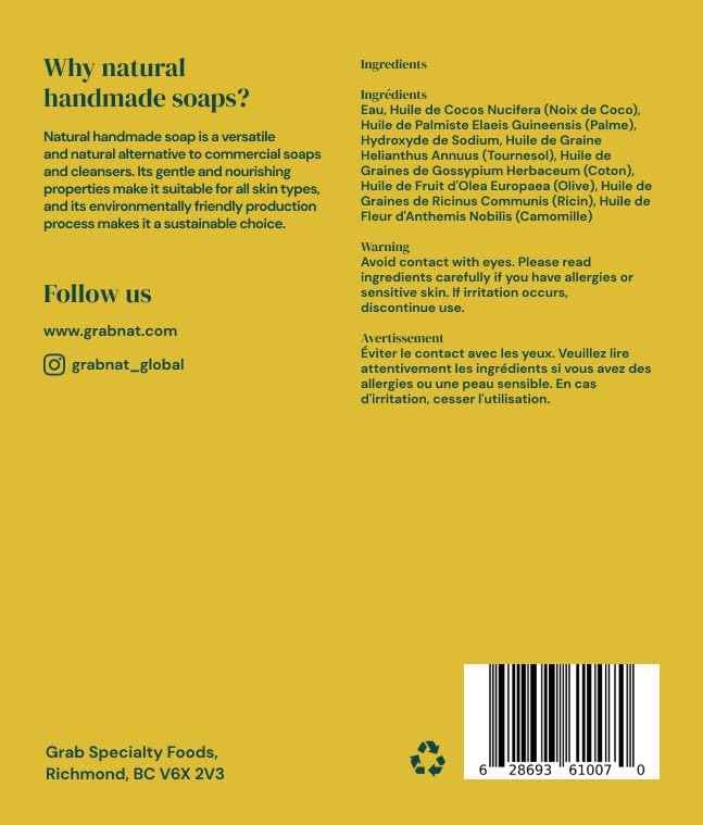 4-Pack Chamomile Soap | Handmade, All-Natural, Cold-Processed, Plant-Based | Infused with Chamomile | Soothing Cleanse for Face & Body, Suitable for All Skin Types, Men & Women(4 x100grams/4 x 3.5oz)