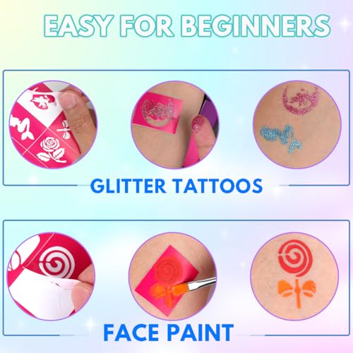 Bowitzki Face Paint Kit with 54 Colors, 8 sheets Stencils, 2 Glitters,10 Brushes, 1 Sheet Gems, Water Based Face Painting Kit, Safe Professional Halloween Party Makeup Set