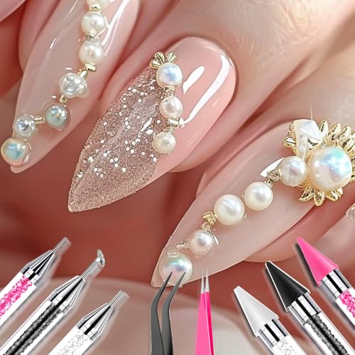 13 Pcs Rhinestone Picker Tool - 3 Pcs Dual-head Pens with 6 Wax Tips, 15 Pcs Clay, Precision Curved and Straight Tweezers Kit for Picking Up Nail Art Gems, Stones, Crystals, and Nail Charms