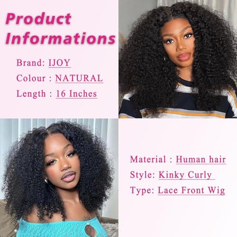 ijoy Natural Black Kinky Curly Wig Human Hair 16 Inch 13x4 Lace Front Wigs 180 Density, Full and Thick Afro Curly Wigs for Black Women Brazilian Virgin Hair Bob Frontal Wig Natural Black Afro kinky