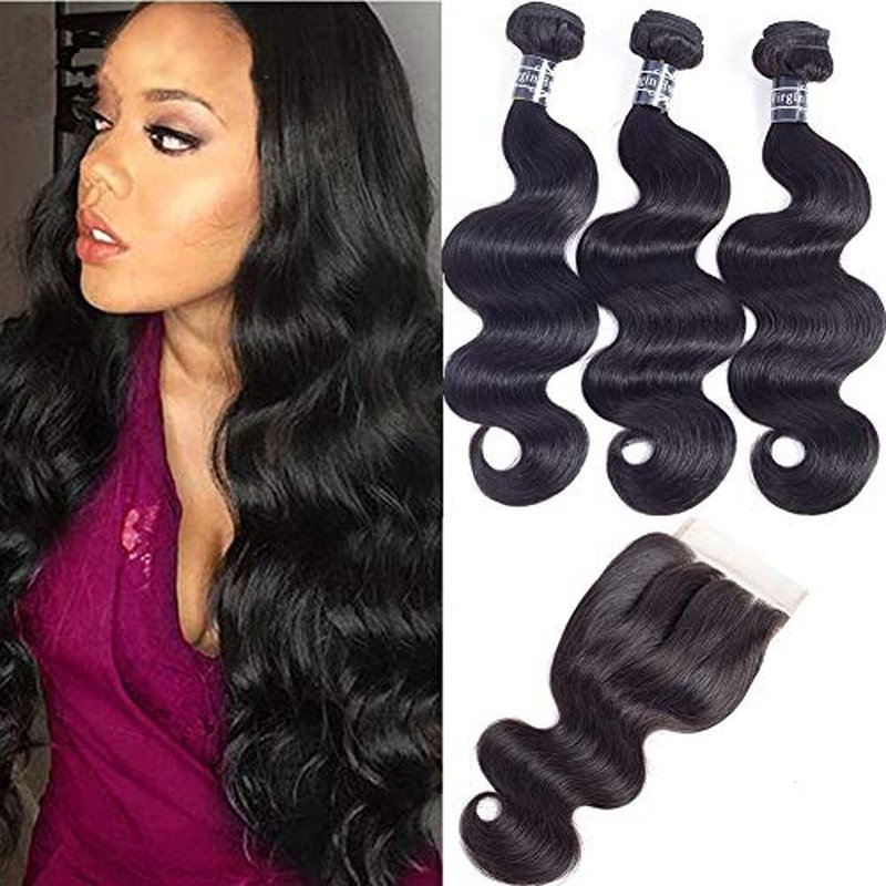 Amella Hair 100% Unprocessed Brazilian Virgin Body Wave Hair 3 Bundles With Closure (16 18 20+14 Three part)8A Brazilian Body Wave Human Hair Extensions With 4x4 Swiss Lace Closure