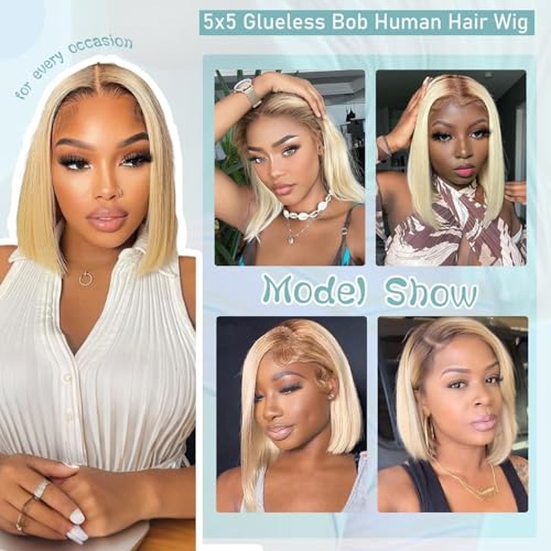5X5 Wear And Go Blonde Wig Human Hair 2.0-613 Upgraded Brown Roots 200% Density Ombre 2 Tone Blonde Wig For Women UHD Pre-Cut Lace Bob Wigs No Mix Fiber Brazilian Virgin Hair 10 Inch