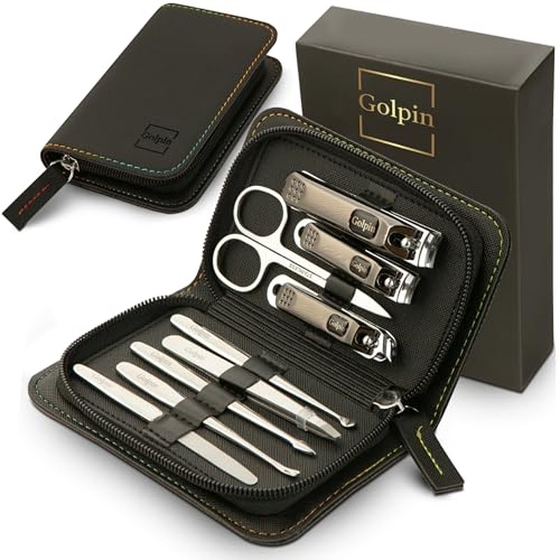 Nail Clippers for Men ? GOLPIN Manicure Kit for Men & Women ? 9 Pcs Stainless Steel Tools with Travel Nail Kit Case, Nail Clippers, Cuticle Pusher, File, Gift Ready Women & Mens Manicure Set