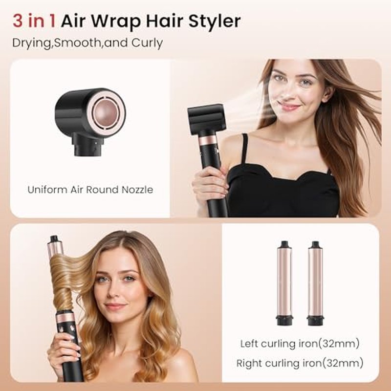 Dual Voltage 3 in 1 Hot Hair Styler ? High-Speed Hair Dryer with Air Wrap for Women with Extra Long Barrel Air Styler, European Hair Tools Styling, Fast Drying and Quick Styling, Travel Case.