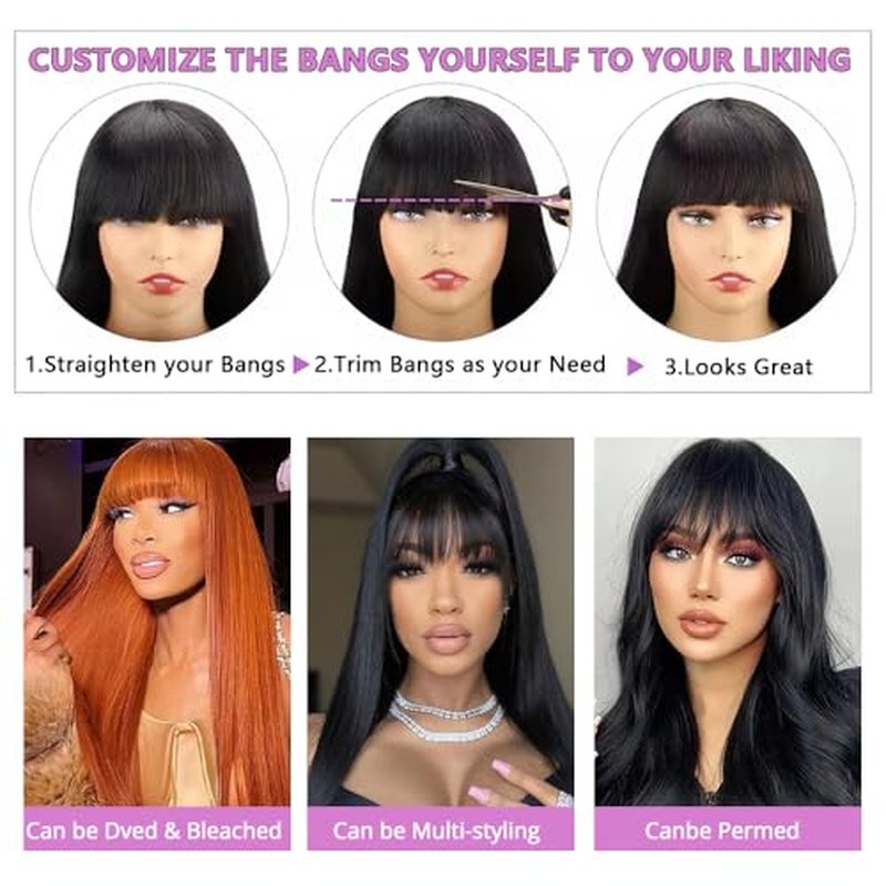 Straight Wigs Human Hair with Bangs 180% Density Brazilian Virgin Human Hair Wigs Glueless Machine Made Wigs for Women None Lace Front Wigs Natural Color 20 Inch