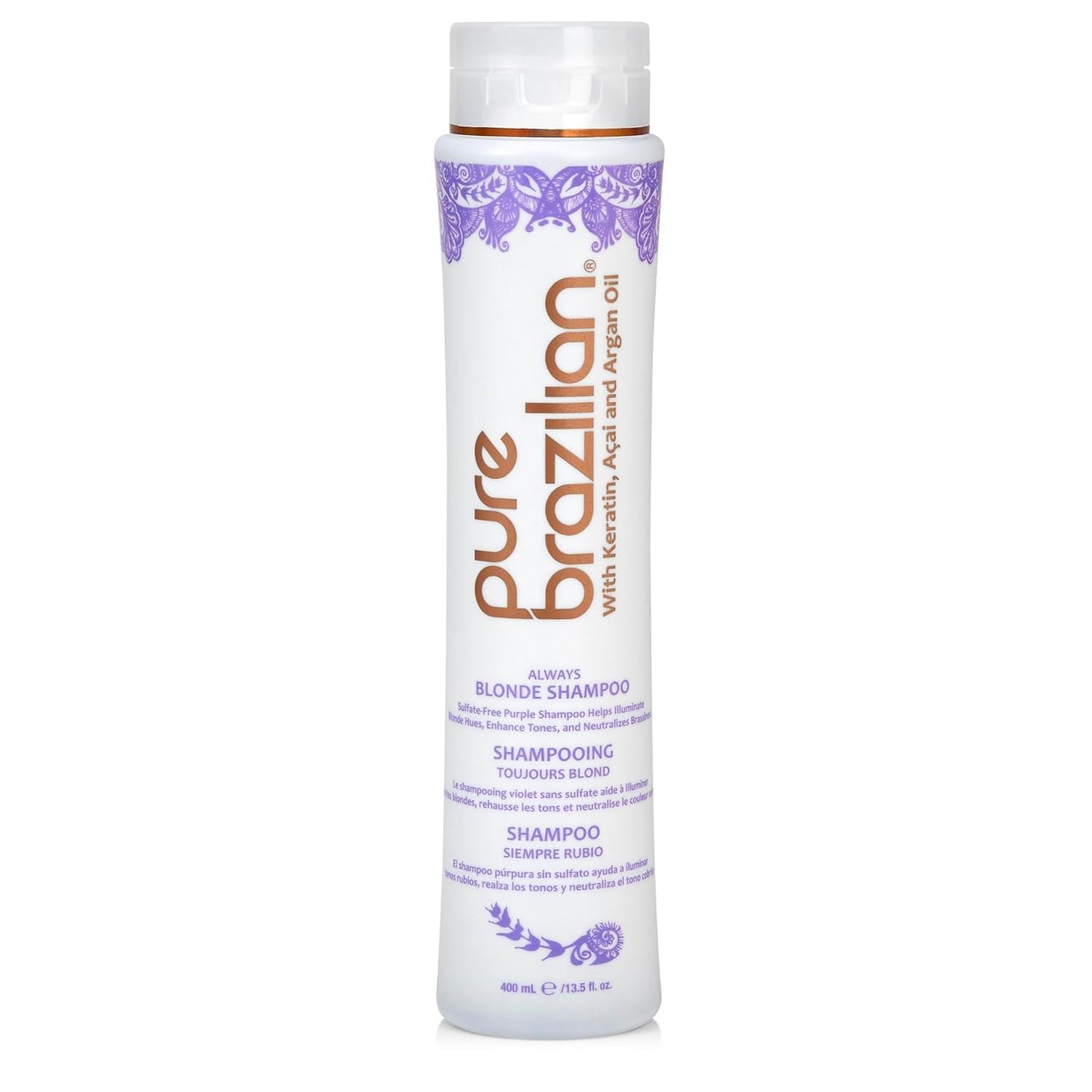 Pure Brazilian Always Blonde Shampoo with Keratin, Acai & Argan Oil, Purple Shampoo for Color-Treated Hair, Sulfate-Free, 13.5 Fl Oz