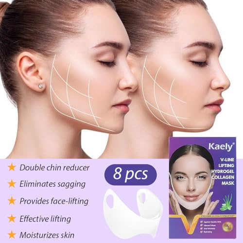 Kaely 8Pcs V Line Lifting Mask,Double Chin Mask,Chin Strap for Double Chin for Women,Face Lift Masks with Collagen,Hydrating Anti-aging