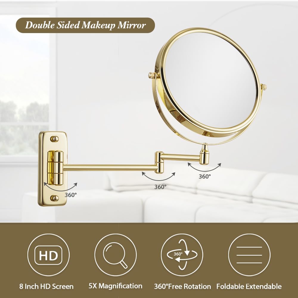 Cerdeco 8 Inch 1X/5X Double Sided Makeup Wall Mount Mirror with Gold Plated Finish 360 Swivel Extendable Cosmetic Shaving Mirror