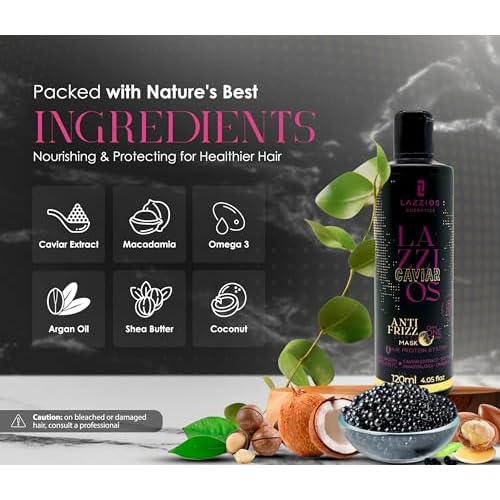 Lazzios Caviar Organic Hair Protein ? Brazilian Straightening Treatment ? Formaldehyde-Free, Anti-Frizz Hair Organic Formula with Hyaluronic Acid, Hydrolyzed Keratin, Caviar Extract ? (120ml)