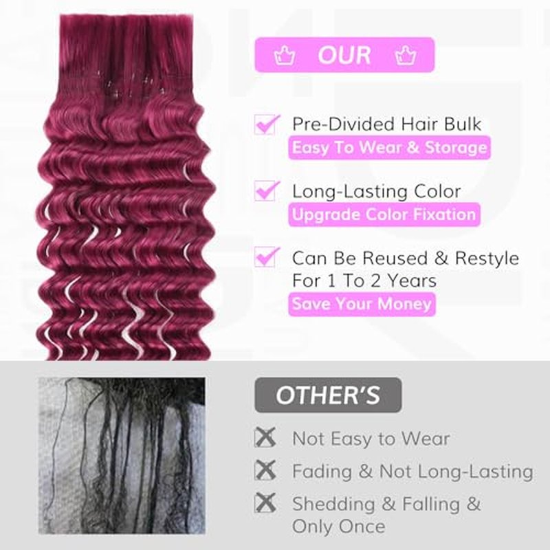 IDN BEAUTY Pre Divided Human Braiding for Boho Braids Hair Extensions, 24 Inch 100g 99J Burgundy Deep Wave Human Hair for Braiding Bohemian No Weft 12A Virgin Brazilian Wet and Wavy