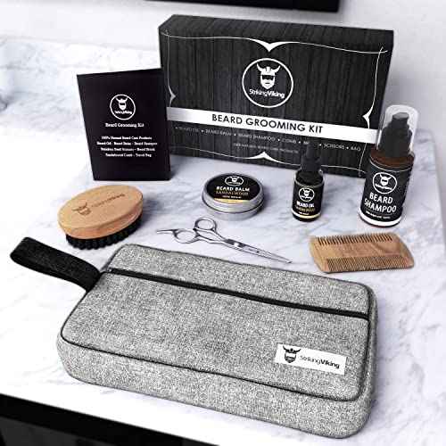 Striking Viking Grooming Kit - Premium Care Products for Men with Beard Shampoo, Oil, Balm Butter, Brush, Wooden Comb, Mustache Scissors & Toiletry Bag