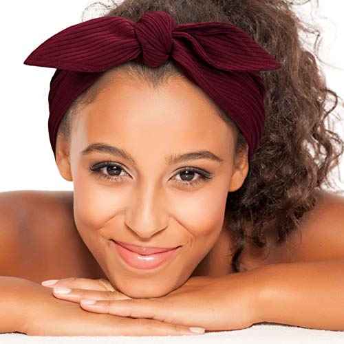 Syhood 4 Pieces Ribbed Headband Ribbed Stretch Bandie Stretchy Hairband Soft Head Wrap Turban Headband Boho Hair Band for Women Hair Accessories, 4 Colors(Black, Red, Sapphire Blue, Brown)
