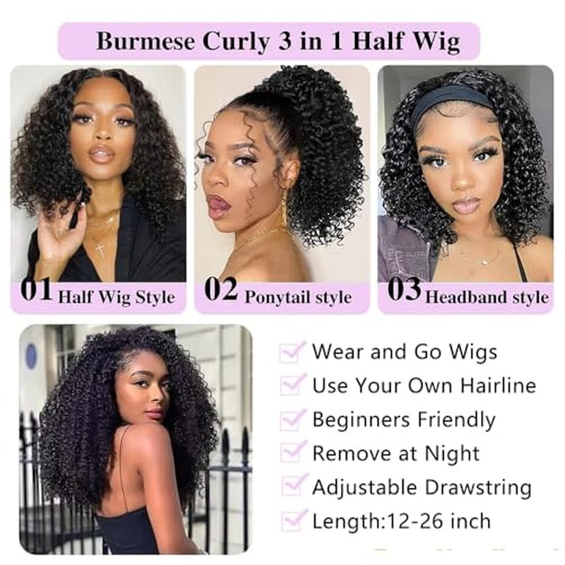 JYZ Half Wig Human Hair 300% Density 3 In 1 Seamless Flip Over Half Wig Invisible Hairline Glueless Wear and Go Beginner Friendly Curly Human Hair Wigs for Women 20 Inch