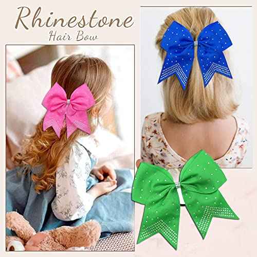 Hipcheer 12PCS 8" Rhinestones Large Cheer Hair Bows for Girls, Hand-made Grosgrain Ribbon Hair Accessories for Teen Girls Softball Cheerleader Sport (Hot Pink)