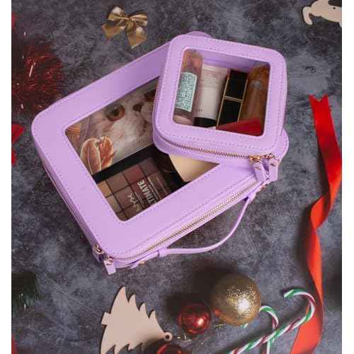 Clear Makeup Bags TSA Approved Toiletry Bag with Handle Large Opening, Clear Toiletry Bags for Carry-on Traveling Travel Car Essentials Orangizer Storage, Leather Cosmetic Bag (Purple, Mini&Large)