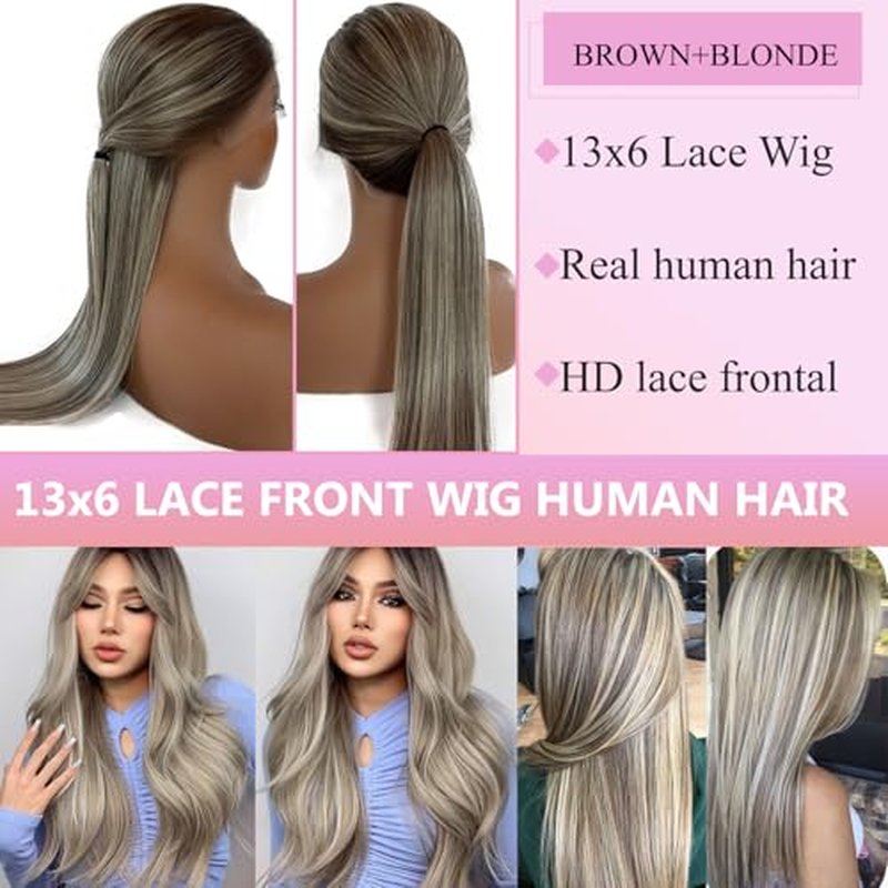13x6 HD Lace Front Wig Human Hair Balayage Highlight 180% Density 20 Inch Free Part Ombre Brown to Ash Brown Human Hair with 613 Blonde Highlights Wig Pre Plucked
