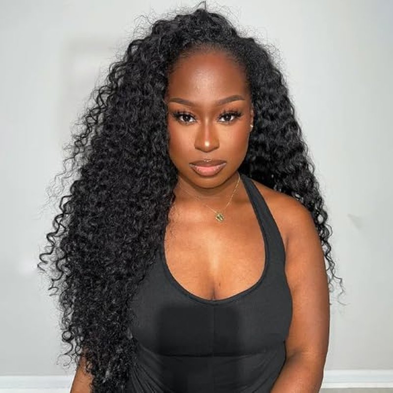 BGM GIRL Half Wig Human Hair Water Wave 3 in 1 Wigs Beginner Friendly Flip Over Drawstring Glueless Wig Ready to Go Seamless Clip in Wigs Natural Black Color 16 Inch