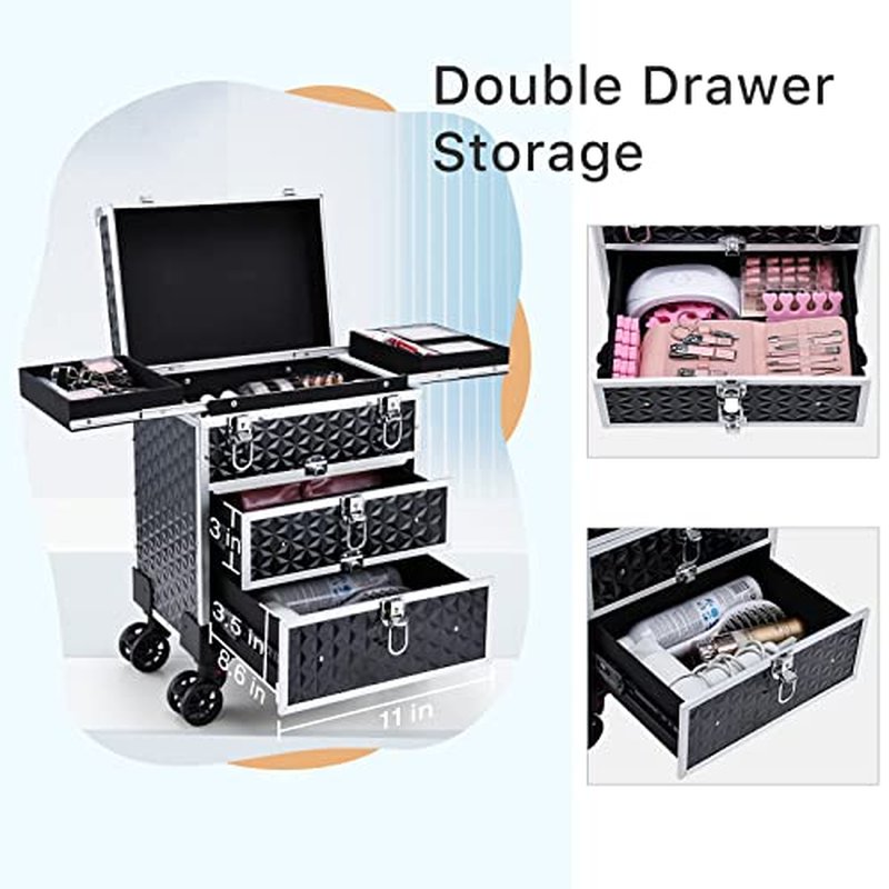 FRENESSA Professional Rolling Makeup Case Aluminum Trolley Train Case with 360¡Æ Swivel Wheels for Makuep Artist Travel Cosmetic Organizer with Sliding Drawers for Nail Tech Hairstylist Barber, Black