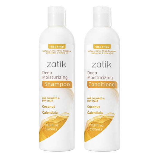 Zatik Naturals - Deep Moisturizing Shampoo + Conditioner Set - Coconut & Calendula, for Colored, Dry damaged Hair, Biodegradable, pH Balanced, FREE from Parabens, fragrances, 10.8 fl oz (One of Each)