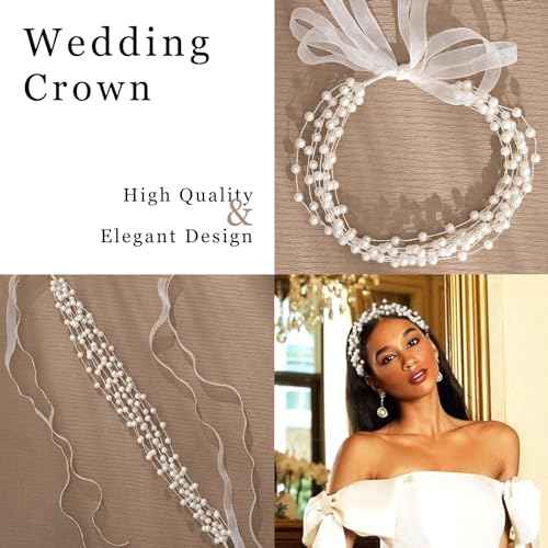 White Pearl Headpiece Elegant Bridal Headband Layered Ribbons Wedding Crown Circlet Multi-Layer Beaded Princess Hair Accessories for Bride Bridesmaid Flower Girl