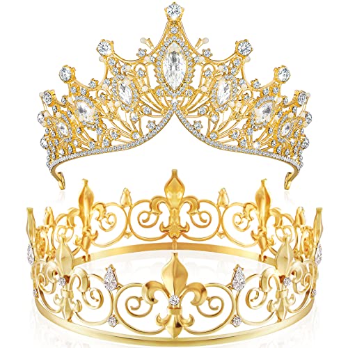 Junkin 2 Pcs Prom King and Queen Crowns for Men Women Baroque Queen King Prince Tiara Princess Crystal Headband for Halloween Wedding Birthday Grad Rhinestone Prom Party(Gold)