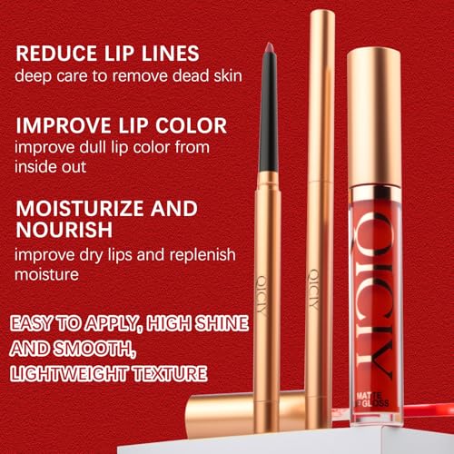 QueenDiary Lip Gloss and Liner Makeup Set, Lifter Gloss and Lifter Liner in Petal and Line Leader Shades (Lively and dynamic)