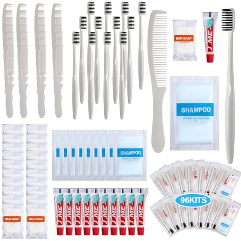 Hushee 96 Sets Bulk Hygiene Kit for Homeless, Includes Shampoo Soap Bar Comb Toothbrushes with Toothpaste Individually Wrapped Basic Toiletry Kits for Travel Charity Hotel Hospitality Industries