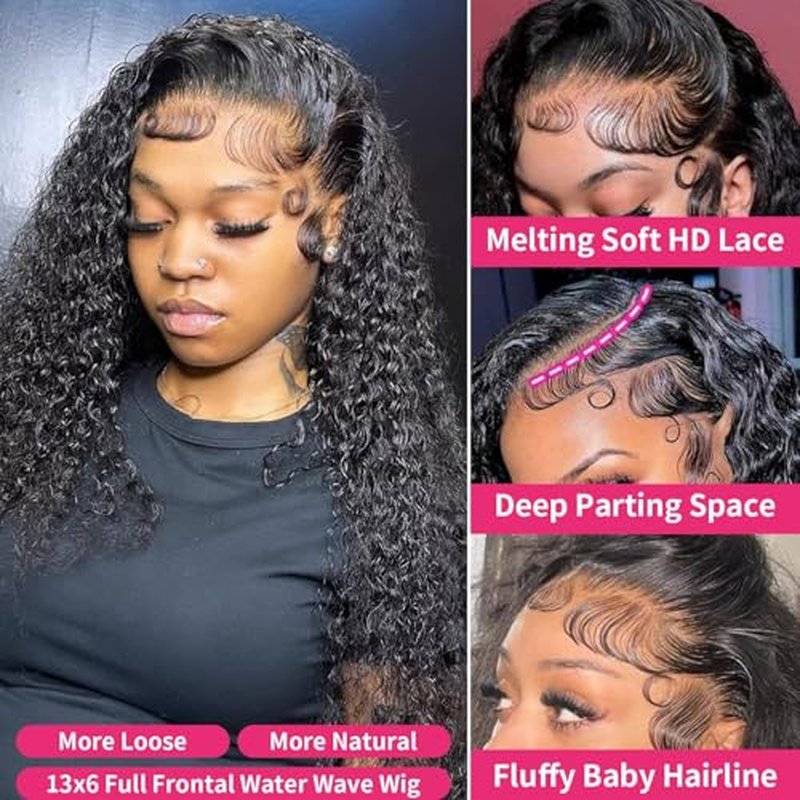 20 Inch 13x6 Lace Front Wigs Human Hair Water Wave 200 Density 13x6 HD Full Lace Frontal Wigs Pre Plucked Wet and Wavy Glueless Deep Curly Human Hair Wigs for Women Natural Black