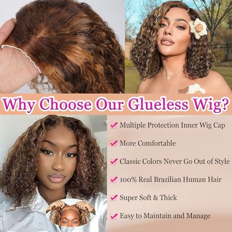 Ombre Highlight Glueless Wigs Human Hair Pre Plucked Pre Cut Curly Closure Wear and Go Glueless Wigs Human Hair Middle Part Balayage Water Wave Lace Frontal Human Hair Wigs for Black Women 4/27 18Inch