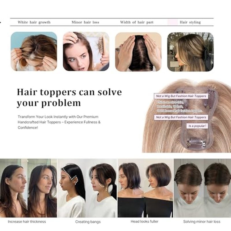 Real Human Hair Topper 12 Inch Human Hair Toppers for Thinning Hair Hand-woven area 3.2"x4.3" Swiss Base Natural Hair piece Wiglet for Women Daily Natural (#Light Gray with bangs)
