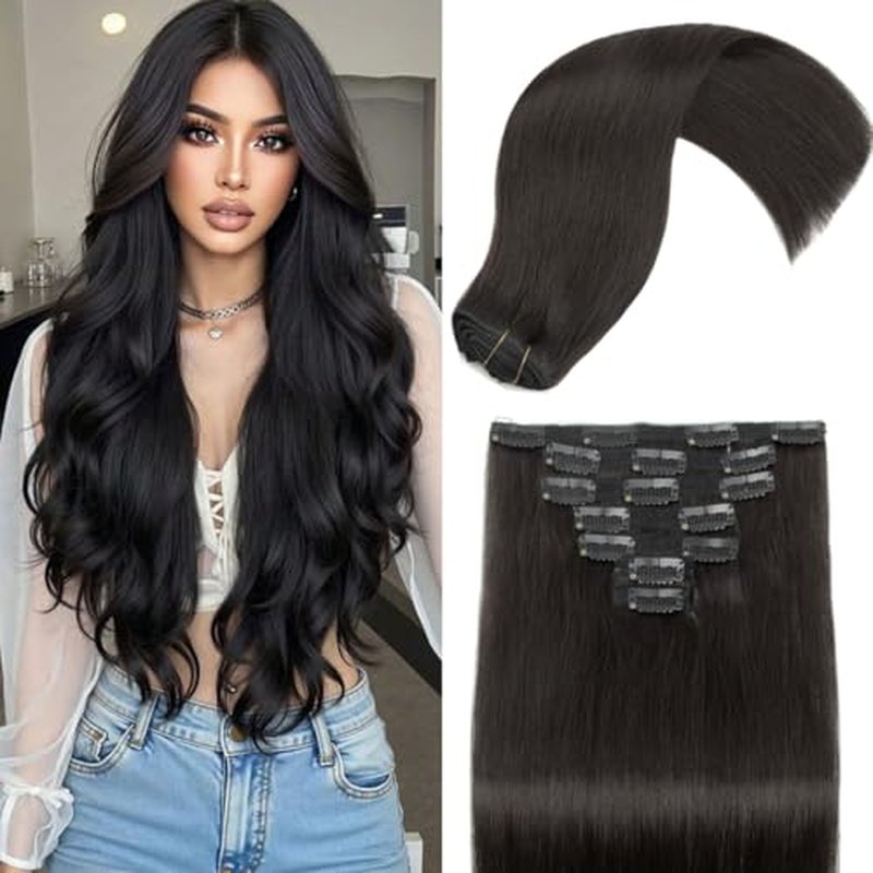 Clip in Hair Extensions Real Human Hair,20 Inch 120g 7Pcs Brazilian Virgin Remy Human Hair Extensions for Women Straight Natural Black Seamless Invisible Hair Extensions Clip in Double Weft
