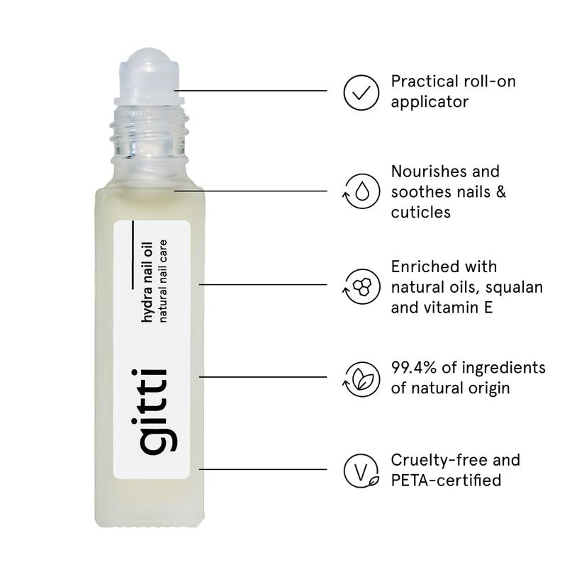 gitti Hydra Nail Oil I Natural Nail Care, Non-Toxic, 99.4% Natural Origin, 30-Free, Plant-based, Cruelty-Free, Nourish and Soothes Nails and Cuticles, Roll-on Applicator, 0.24 Fl Oz