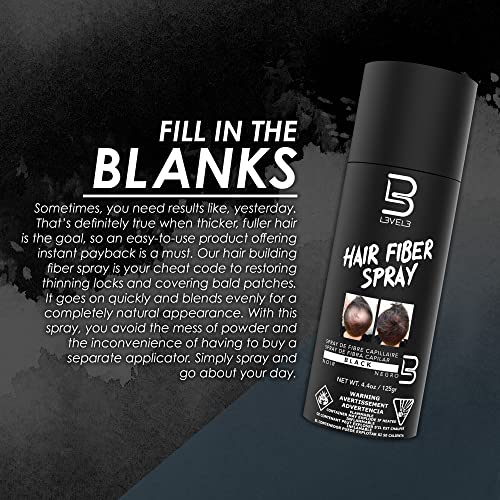 L3 Level 3 Black Hair Fiber Spray - Covers Bald Spots & Thinning Hair - Instant Gray Coverage & Thicker Hair Appearance
