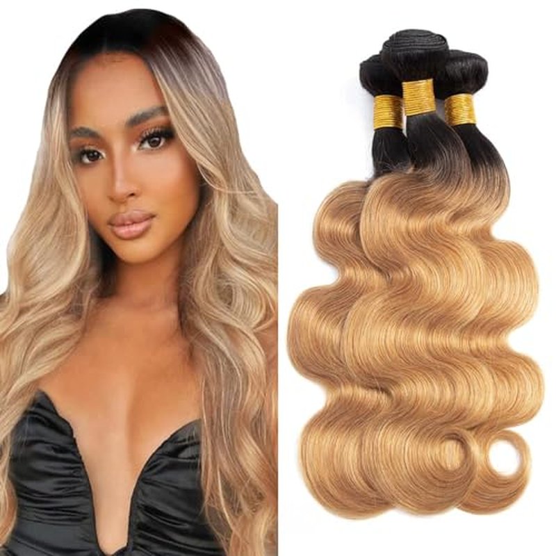 Ombre Bundles 1B27 Honey Blonde Bundles Body Wave Human Hair Grade 8A Black And Honey Blonde Human Hair Wet and Wavy Hair (26 28 30) inch
