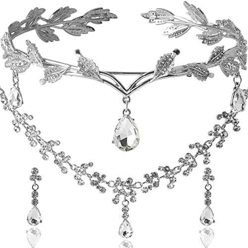 DS Rhinestone Wedding Tiara Crown for Brides, Goddess elf Princess Fairy Crystal Pendent Headband Leaf Cosplay Crown for women girls Hair Accessory for Brides Pageant Wedding Prom Birthday