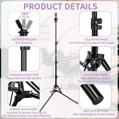 Mannequin Head Stand,Adjustable Wig Stand Tripod Height Adjustment(20-60Inch) Reinforced Metal Mannequin Stand For Cosmetology Hairdressing Training With Free One Wide Tooth Comb