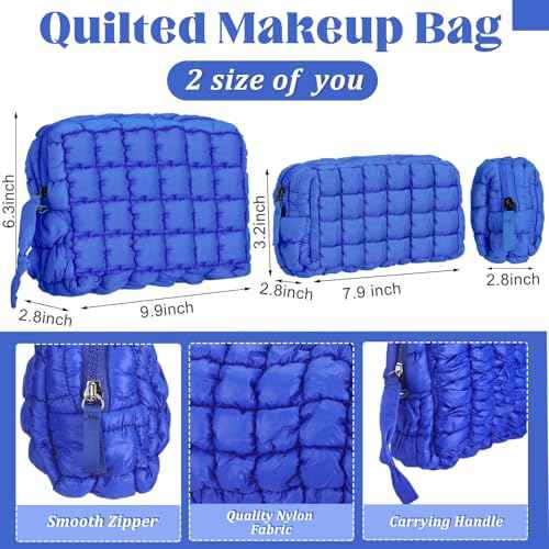 Meanplan 2 Pcs Puffy Quilted Makeup Bag Puffer Cosmetic Bag Travel Solid Cute Organizer Checkered Makeup Pouch for Women