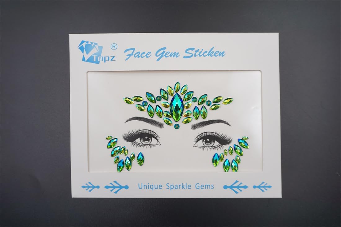 Face Jewels - Green Rhinestone Stickers for Halloween Makeup | Self-Adhesive Festival Glitter Gems